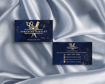 Hair Dresser Stylist Salon Canva Business Card Template / Beauty, Hair Salon, Hair Makeup, Luxury, Marble, Gold, Blue, Feminine