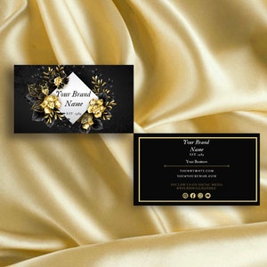 Sjabloon voor zwart en goud visitekaartjes | Canva, sociale media iconen, bloemen visitekaartje, bruiloft, evenementenplanner, haarmake-up, schoonheid,