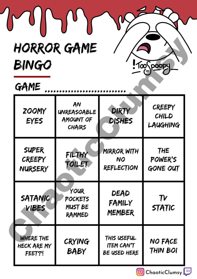 Laminated Horror Game Bingo Etsy