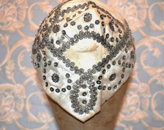 Antique Silk Metal Bead Boudoir Cap  - Beautiful Hand Crafted Victorian Original Decorative