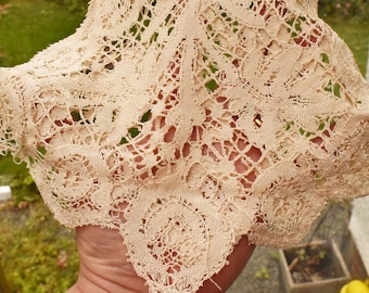 May include: A beige crocheted lace fabric with a delicate floral pattern.