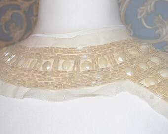 Antique Beaded Collar - Beautiful Large Curved Hand Crafted Piece with Cream Beads