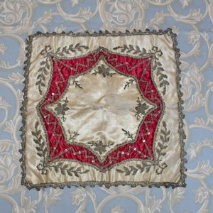 Victorian Satin Centrepiece: Hand-Cut Sequins, Silver Wired Embroidery