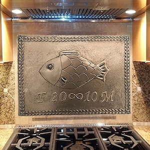 Copper Fish Design, Kitchen Backsplash Wall Decor Unique, Handmade, Copper Tiles Kitchen Wall Art