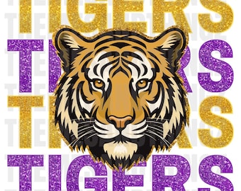 Pode incluir: Um design gráfico com o rosto de um tigre com listras laranja, pretas e brancas. A palavra "TIGERS" é exibida em texto com glitter dourado e roxo, criando um design arrojado e atraente.