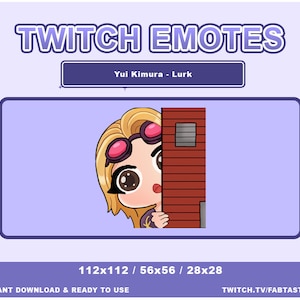 May include: A digital Twitch emote featuring Yui Kimura peeking from behind a red brick wall. The emote has a cartoon style with a blonde character wearing pink-tinted goggles. The text "TWITCH EMOTES" and "Yui Kimura - Lurk" are displayed.