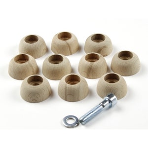 May include: Ten wooden furniture feet with a dome shape and a hole in the center. A silver screw and washer are included.
