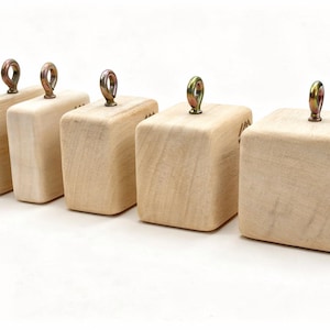 May include: Five light-colored wooden blocks arranged in a row, each featuring a rounded top edge and a metallic eye bolt screwed into the center of the top surface. The blocks vary in thickness, and the rightmost block displays a small logo.