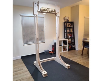 May include: A wooden climbing frame with a set of climbing holds. The frame is freestanding and has a black mat underneath. The frame is in a room with a bookshelf and a window.