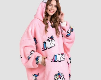 Felpa con cappuccio in pile oversize unicorno - Felpa orsacchiotto peluche da donna - Coperta indossabile accogliente e calda - Taglia unica per tutti - Idee regalo