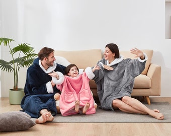 Bärbar filt med huva, överdimensionerad tröja för kvinnor, män, vuxna, barn - stor plyschfilt med huva - presentidéer