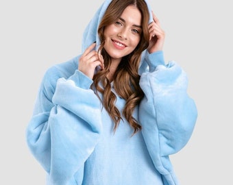 Sky Blue Teddy Bear Felpa con cappuccio in pile - Accogliente felpa invernale oversize peluche per donna e uomo - Idee regalo