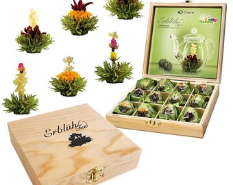 Creano Teeblumen Geschenkset in Holz Teekiste 12 Erblühtee in 6 Sorten grüner Tee fruchtig aromatisiert, Fruity Flavor