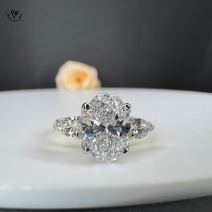 Trilogy Lab Created Engagement Ring – 3 Carat Oval F VS1 Three Stone Diamond – Anniversary, Promise Ring, Gift for Her