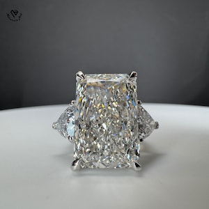 Radiant Lab Grown Diamond Engagement Ring – 10.00 Carat Three Stone with Side Trillions IGI Certified – Bold CVD Diamond Ring for Her