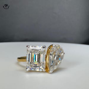 Toi et Moi Engagement Ring: 18K Gold, Emerald & Pear Lab Grown Diamond