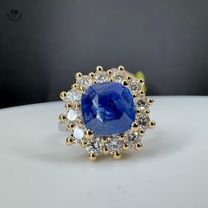 Blue Sapphire Diamond Ring,Cushion Cut Sapphire Engagement Ring,Yellow Gold and White Gold Ring,Statement Cocktail Ring,September Birthstone
