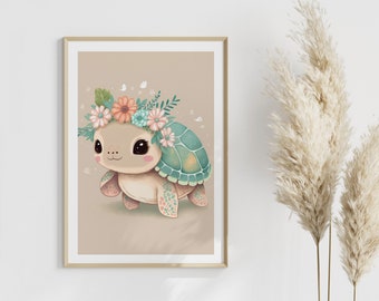 Décoration affiche chambre enfant - poster animal mignon bébé - tortue - décoration garçon fille - cadeau bébé enfant - A4