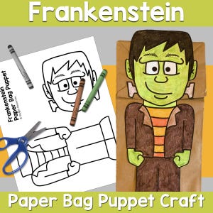 May include: A Frankenstein paper bag puppet craft with a green face, brown hair, and a black suit. The image includes a coloring page, crayons, and scissors. Text reads "Frankenstein Paper Bag Puppet" and "Paper Bag Puppet Craft."