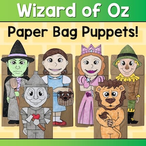 Puede incluir: Marionetas de bolsa de papel con personajes de El Mago de Oz. Las marionetas incluyen la Bruja Malvada, Dorothy, el Hombre de Hojalata, Glinda, el León Cobarde y el Espantapájaros. Las marionetas son coloridas y están diseñadas para niños.