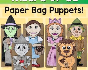 Wizard of Oz Paper Bag Puppets, Fun Craft Activity with Wicked Witch, Dorothy, Glinda, Scarecrow, Tin Man, and Cowardly Lion