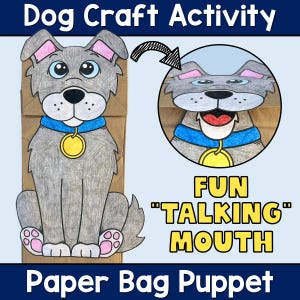 Könnte beinhalten: Hunde-Bastelaktivität mit einer Papiertüten-Handpuppe. Der graue Hund hat rosa gefütterte Ohren, blaue Augen und ein blaues Halsband mit einem goldenen Anhänger. Der Text lautet "Dog Craft Activity", "Fun Talking Mouth" und "Paper Bag Puppet".