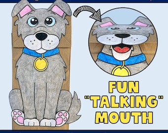 May include: A dog craft activity featuring a paper bag puppet. The gray dog has pink-lined ears, blue eyes, and a blue collar with a gold tag. The text reads "Dog Craft Activity", "Fun Talking Mouth", and "Paper Bag Puppet".