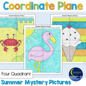 May include: Three printable worksheets for kids to practice plotting coordinates on a graph. Each worksheet features a summer-themed picture: a crab, a flamingo, and an ice cream cone. The instructions are to connect the coordinate pairs with a line, stopping to start a new line each time it says "STOP".