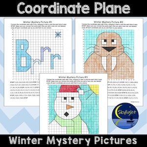 May include: Educational worksheets titled "Winter Mystery Pictures" with coordinate plane activities. The worksheets feature images of a snowflake, a walrus, and a snowman. Each picture has a grid and coordinate pairs to connect.