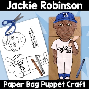 Mes de la Historia Afroamericana / Títere con bolsa de papel de béisbol de Jackie Robinson / Actividad artesanal para niños