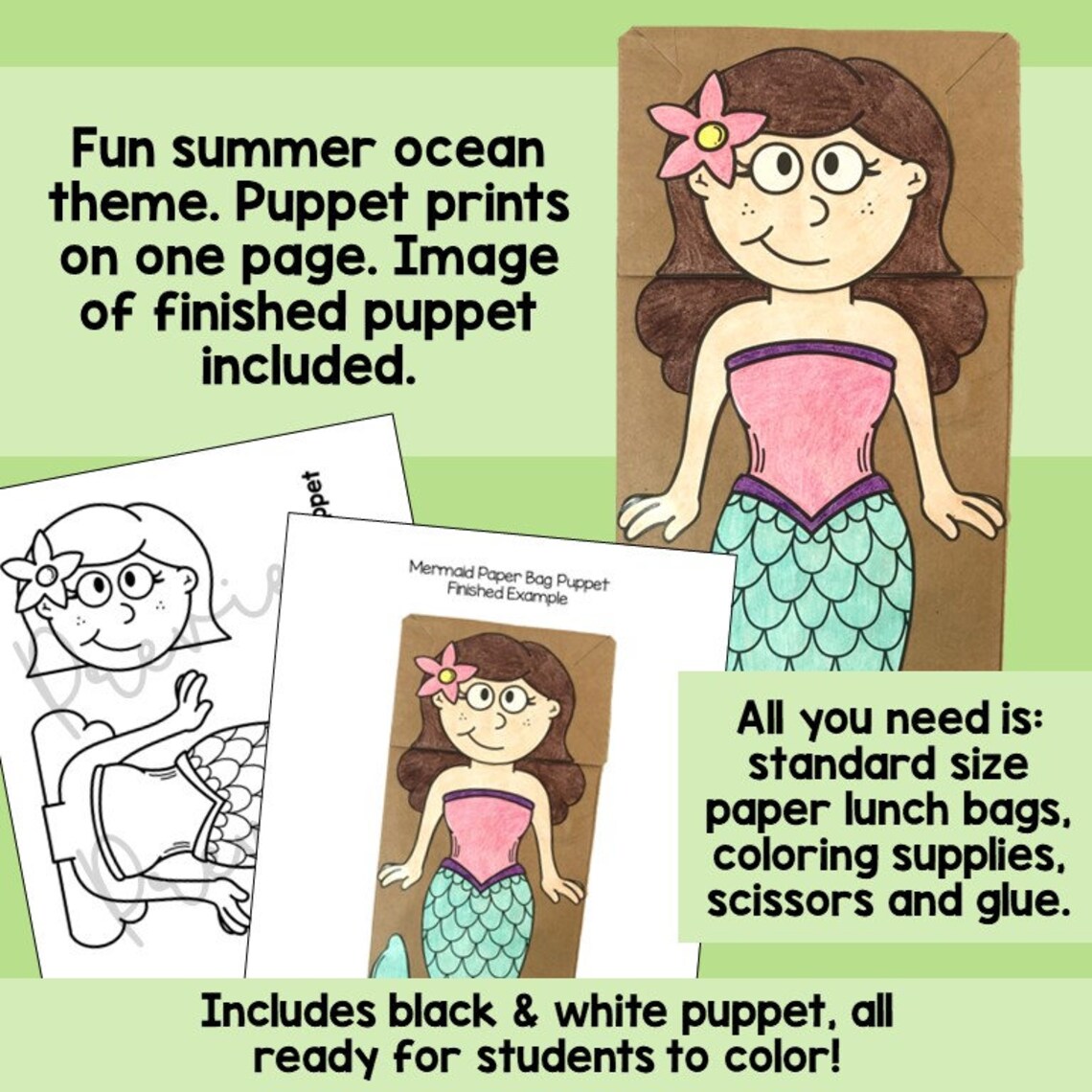 Paper Bag Puppet Craft | Mermaid Summer Ocean Theme | Fun Activity for ...