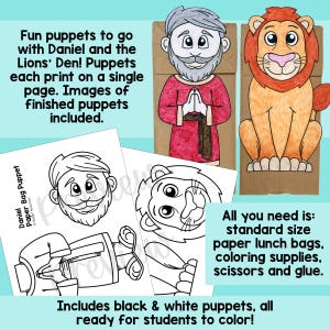 Puede incluir: Marionetas de papel para bolsa en blanco y negro de Daniel y leones de la historia b&iacute;blica de Daniel en el foso de los leones. Las marionetas est&aacute;n listas para ser coloreadas por los estudiantes. Las instrucciones incluyen el uso de bolsas de almuerzo de papel de tama&ntilde;o est&aacute;ndar, materiales para colorear, tijeras y pegamento.