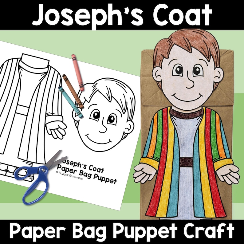 K&ouml;nnte beinhalten: Eine druckbare Papier-Taschen-Puppe von Josephs Mantel. Das Bastelset enth&auml;lt eine Malvorlage von Josephs Mantel, ein Gesicht und eine Schere. Die fertige Puppe ist auf einer braunen Papiert&uuml;te mit einem bunten gestreiften Mantel abgebildet.