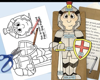 May include: A printable paper bag puppet craft for kids. The craft features a knight wearing armor with the words "The Armor of God" and the different parts of the armor labeled with biblical verses. The craft includes a coloring page and instructions.