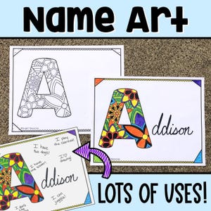 Op de afbeelding: Een afdrukbare naamkunst sjabloon met een grote letter A met een kleurrijk mandala-ontwerp. De sjabloon bevat een lege ruimte voor een naam en een sectie om over de persoon te schrijven. De tekst "Name Art" en "Lots of Uses!" is ook in de afbeelding opgenomen.