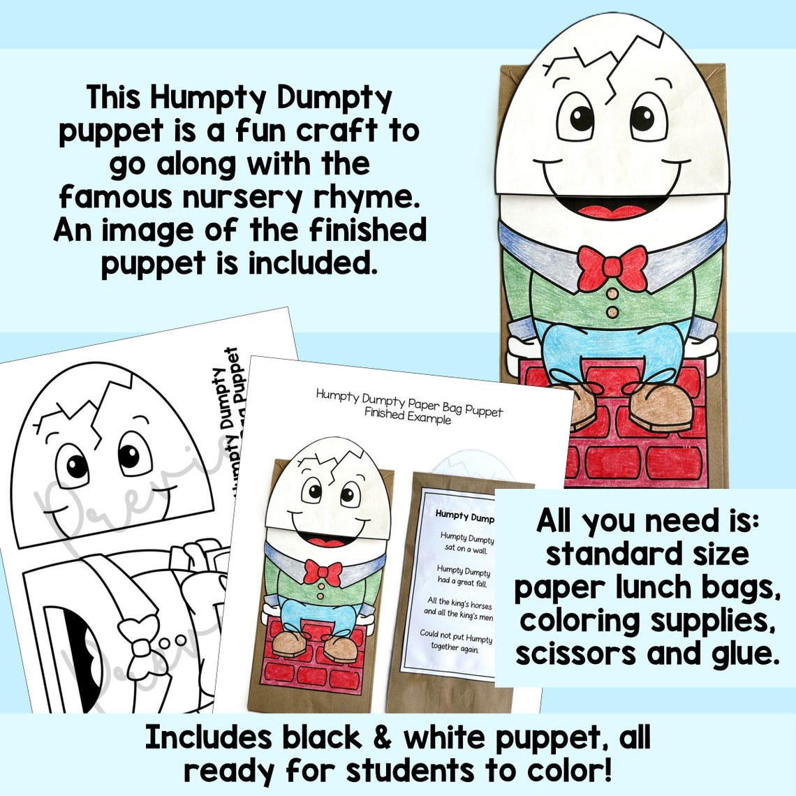 Humpty Dumpty Nursery Rhyme Paper Bag Puppet Classroom Craft Activity ...