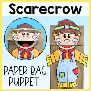 May include: A brown paper bag puppet craft featuring a scarecrow with a brown hat, yellow hair, pink cheeks, and a red bowtie. The scarecrow wears blue overalls with green and red patches. The text Scarecrow Paper Bag Puppet is visible.