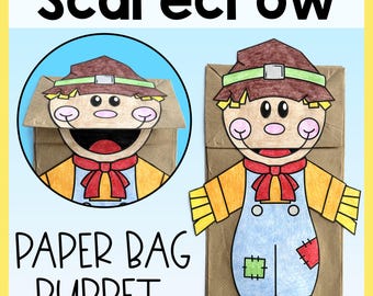 Könnte beinhalten: Eine braune Papiertüten-Handpuppe in Form einer Vogelscheuche mit braunem Hut, gelben Haaren, rosa Wangen und roter Fliege. Die Vogelscheuche trägt eine blaue Latzhose mit grünen und roten Flicken. Der Text Scarecrow Paper Bag Puppet ist zu sehen.