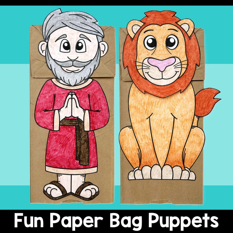 Puede incluir: Dos marionetas de papel, una de un hombre con barba y t&uacute;nica roja, la otra de un le&oacute;n con melena marr&oacute;n. Las marionetas est&aacute;n listas para un divertido espect&aacute;culo de marionetas.  Fun Paper Bag Puppets.