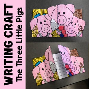 Puede incluir: Un proyecto de manualidades de escritura rosa con tres cerdos de dibujos animados. Los cerdos están construyendo una casa con ladrillos. El texto "WRITING CRAFT The Three Little Pigs" se muestra en el lado izquierdo.