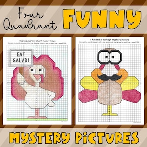 Puede incluir: Dos imágenes misteriosas con temática de Acción de Gracias en papel cuadriculado. Una muestra un pavo sosteniendo un letrero que dice "¡EAT SALAD!". La otra es un pavo con bigote y gafas. La palabra "FUNNY" está en la parte superior.