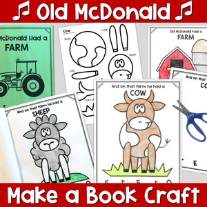 Op de afbeelding: Een printbaar boek knutselwerk voor kinderen met het thema Old McDonald Had a Farm. Het boek bevat uitsteekvormen voor een koe, een schaap en een tractor. De pagina's zijn groen, wit en rood.
