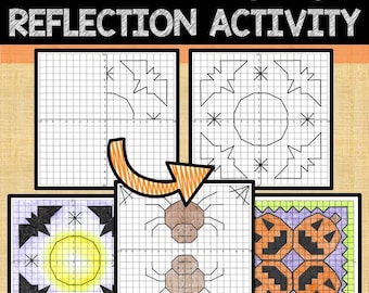 Könnte beinhalten: Ein Arbeitsblatt zur grafischen Reflexionsaktivität zum Thema Halloween. Oben im Bild steht "Halloween Graphing Reflection Activity". Das Blatt enthält mehrere karierte Raster mit Halloween-bezogenen Bildern, darunter Fledermäuse, Spinnen und Kürbisse.