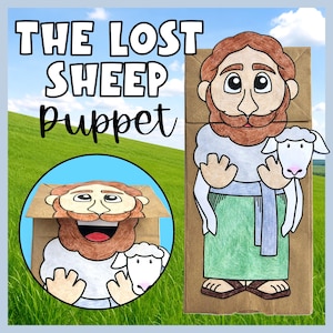 May include: A paper bag puppet craft titled THE LOST SHEEP PUPPET, featuring a cartoon figure with a brown beard, green tunic, and blue sash holding a white sheep. The puppet is shown in both a closed and open-mouthed position on the bag surface.