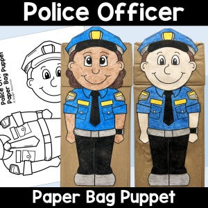 以下が含まれることがあります： 警察官の紙袋人形。人形は、青い制服と帽子をかぶった警察官のイラストが描かれた茶色の紙袋です。「Police Officer」と「Paper Bag Puppet」の文字が表示されています。
