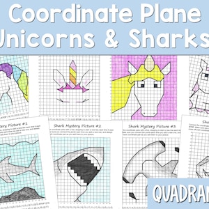 Puede incluir: Una hoja de trabajo imprimible para que los niños practiquen el trazado de coordenadas en una gráfica. La hoja de trabajo presenta cuatro imágenes: un unicornio, un tiburón y dos unicornios más. Las imágenes están formadas por cuadrados de cuadrícula y las coordenadas se enumeran junto a cada imagen. La hoja de trabajo se titula "Coordinate Plane Unicorns & Sharks!" e incluye el texto "Quadrant I".
