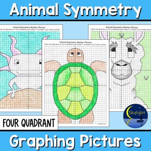 May include: Three black and white grid worksheets with colourful animal illustrations. The worksheets are titled "Animal Symmetry Mystery Picture" and instruct the user to follow directions on a coordinate pairs page to complete the mystery picture. The animals are a turtle, a llama, and an axolotl. The worksheets are labelled "Four Quadrant Graphing Pictures".