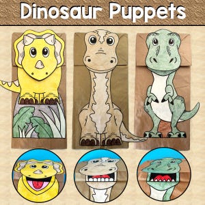 Marionette di carta con dinosauri / Attività artigianale per bambini con T Rex, Apatosauro e Triceratopo