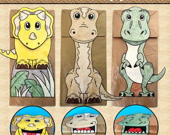 Dinosaur Paper Bag Puppets | T Rex, Apatosaurus and Triceratops Craft Activity for Kids
