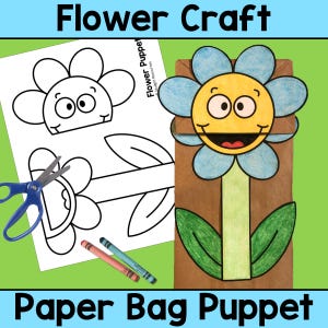 Activité artisanale de marionnettes dans un sac en papier avec des fleurs pour le printemps ou l'été
